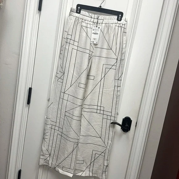 Zara cream off white wide leg geometric print pattern high rise pants trousers - Picture 4 of 7